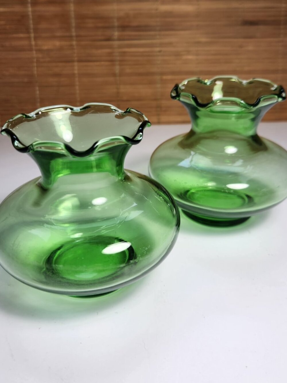 Vintage Emerald Green Glass Ruffled Bud Vases Bulbous Hand Blown Pair Set of 2